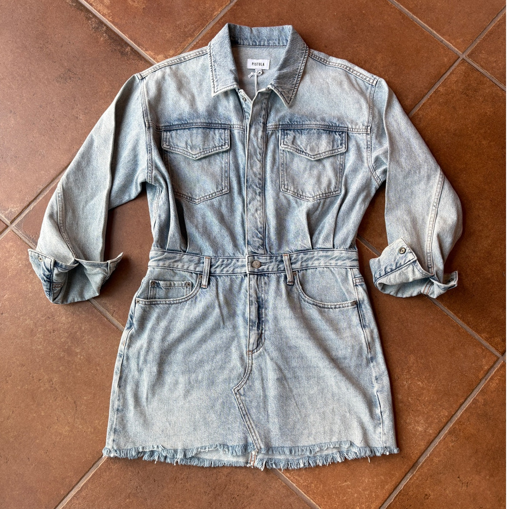 Pistola Nina Denim Mini Dress w Raw Hem, Snaps, Acid Wash New-Partial Tag size L